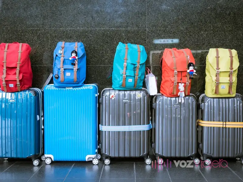 Suitcases placed in a row with travel backpacks on top of them.