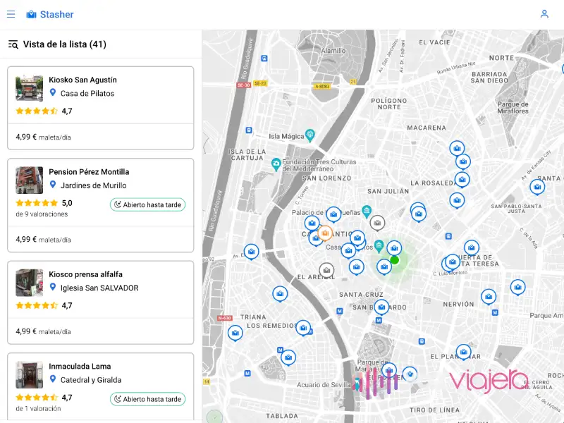 Screenshot of the Stasher website showing the storage points in Seville