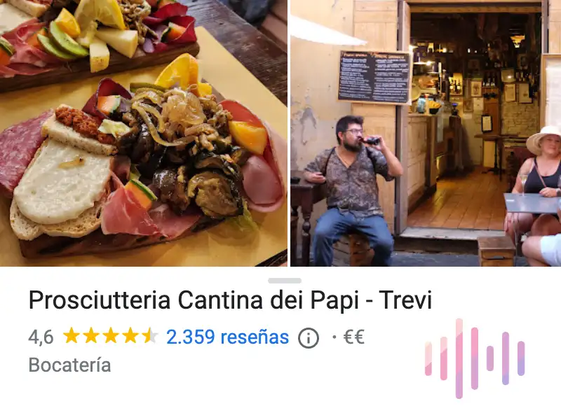 Google business card for the Prosciutteria Cantina dei Papi in Rome, with a board of cured meats and cheeses and customers at the doorway