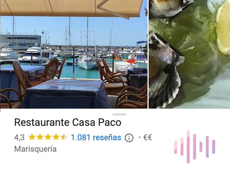 Google business card for Restaurante Casa Paco in Chipiona, showing its terrace beside the marina and a plate of clams with lemon