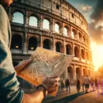 Man holding a map of Rome next to the Colosseum.