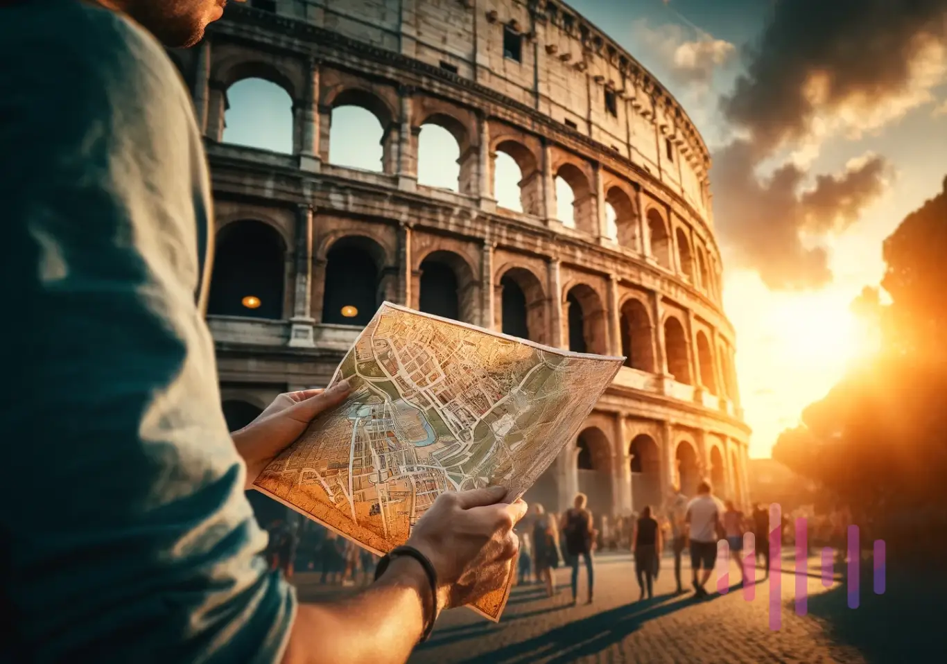 Man holding a map of Rome next to the Colosseum.