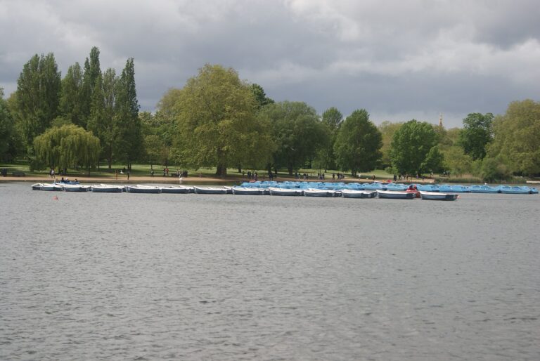 The Serpentine in Hyde Park with a row of blue hire boats moored along the far bank under a cloudy sky, tall trees behind