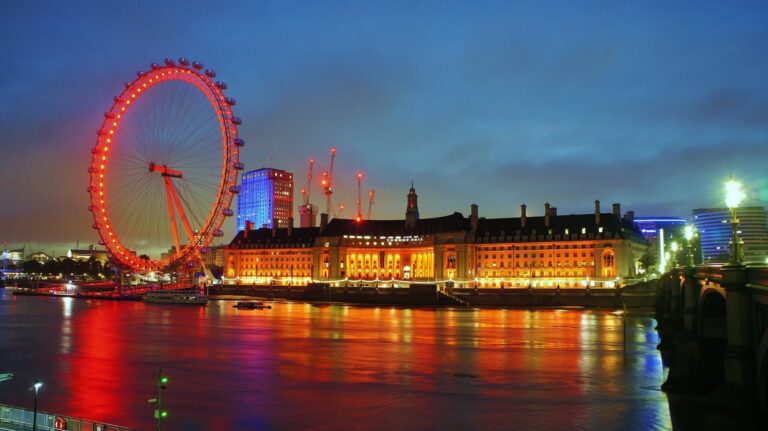 The London Eye lit red at dusk on the South Bank of the Thames, next to the lit-up County Hall building, seen from the end of Westminster Bridge