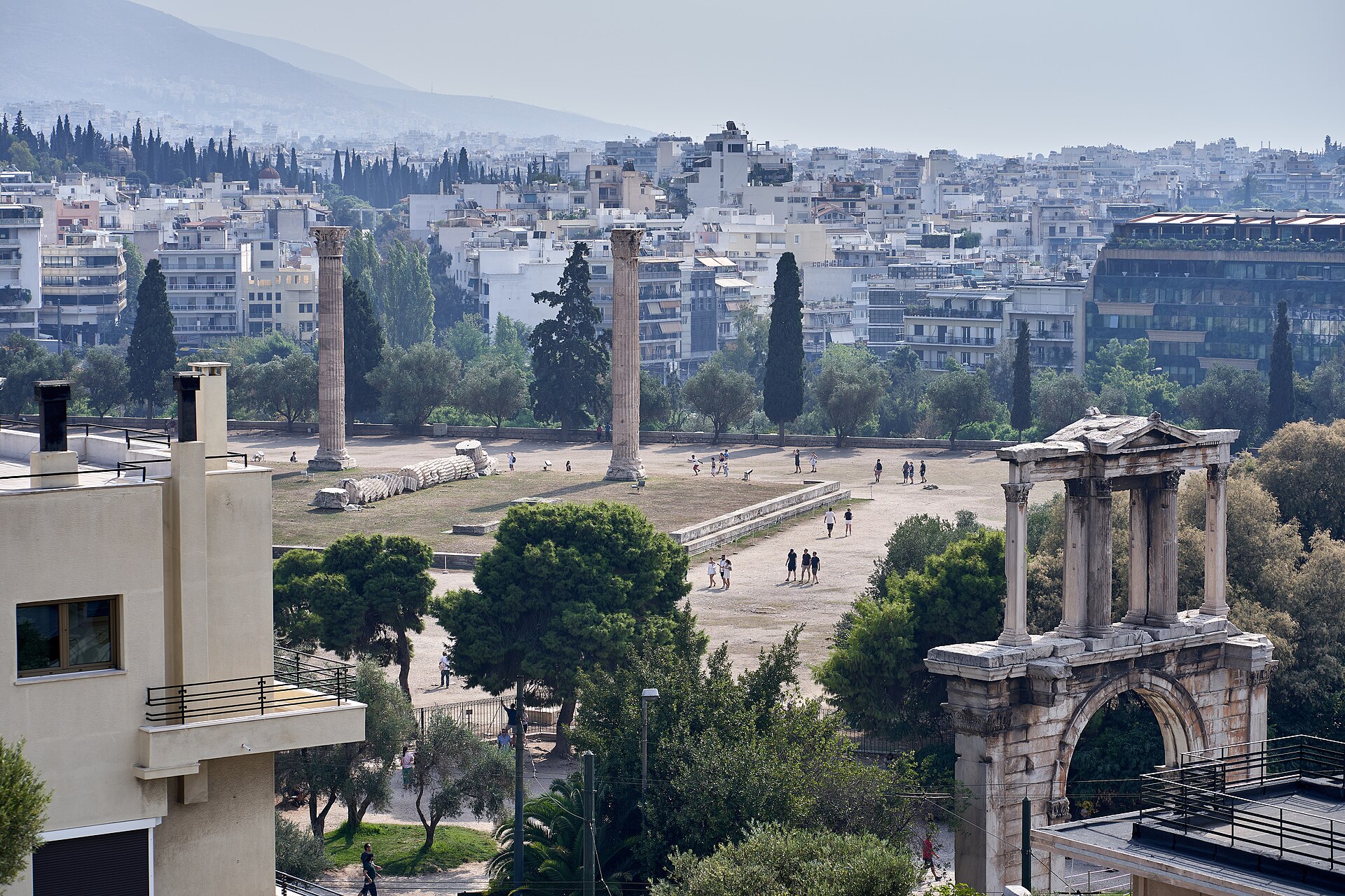The Arch of Hadrian in Athens with the columns of the Temple of Olympian Zeus rising behind it