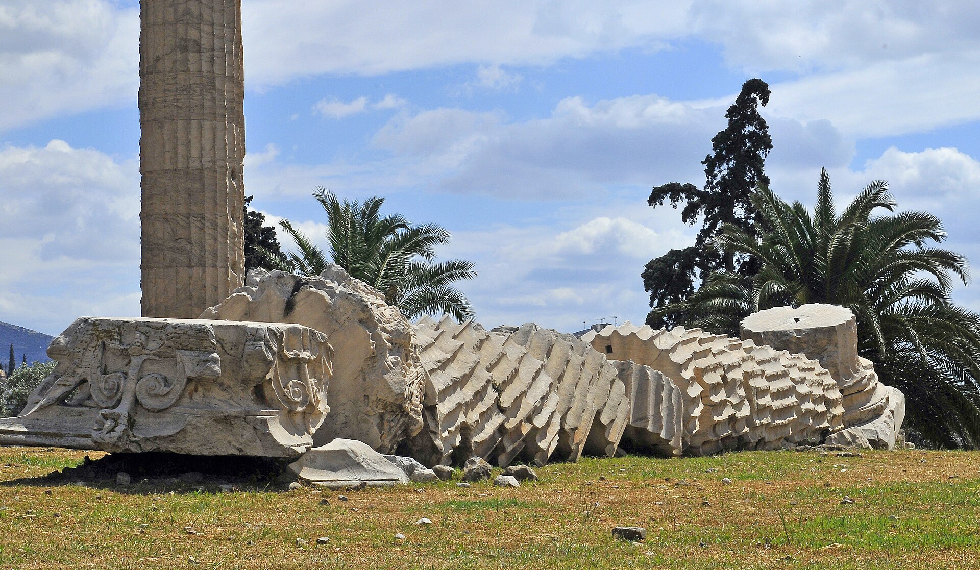The column of the Temple of Olympian Zeus that fell in 1852, lying on the ground with its drums still in a row