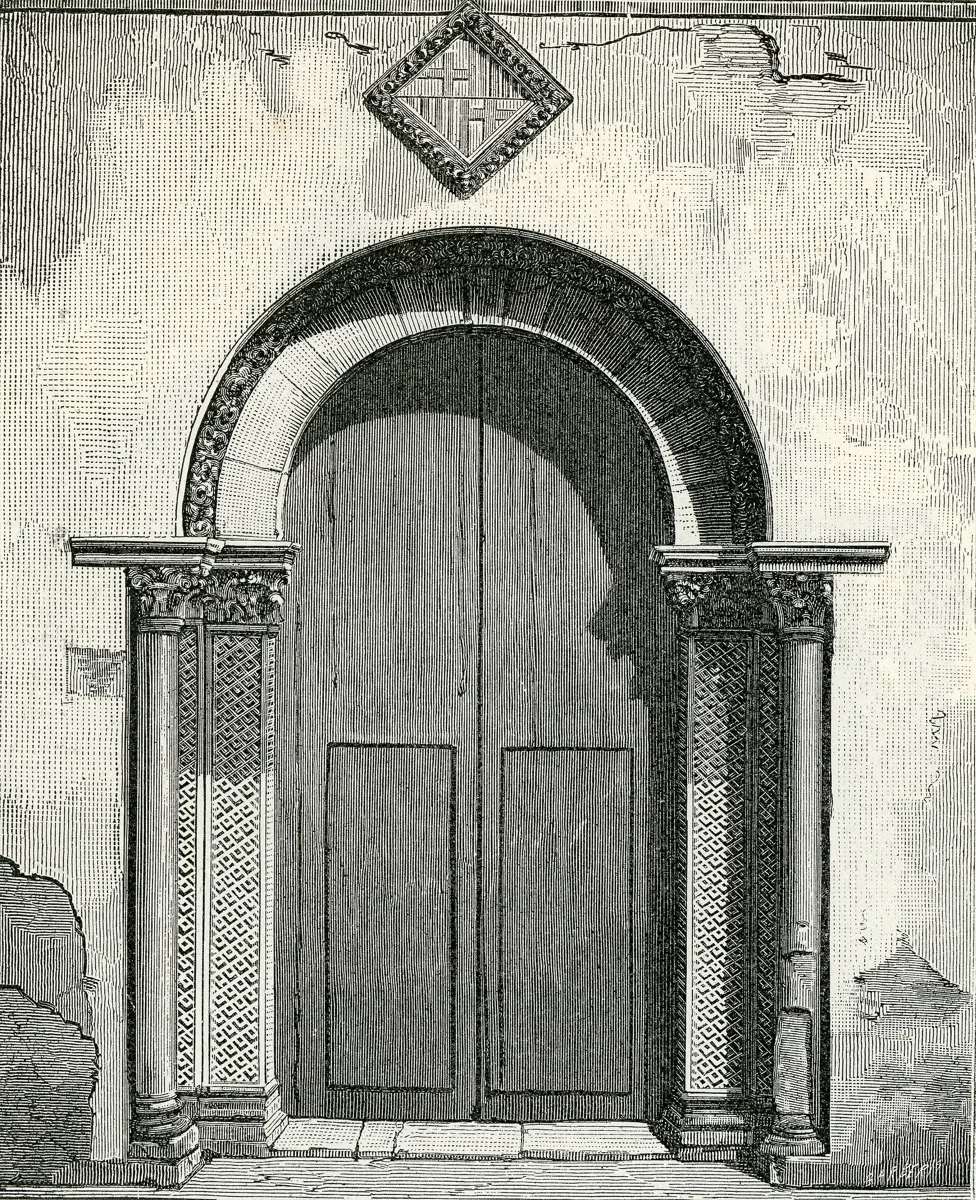 Woodcut of 1892 showing a doorway of the Church of the Santissima Annunziata dei Catalani in Messina