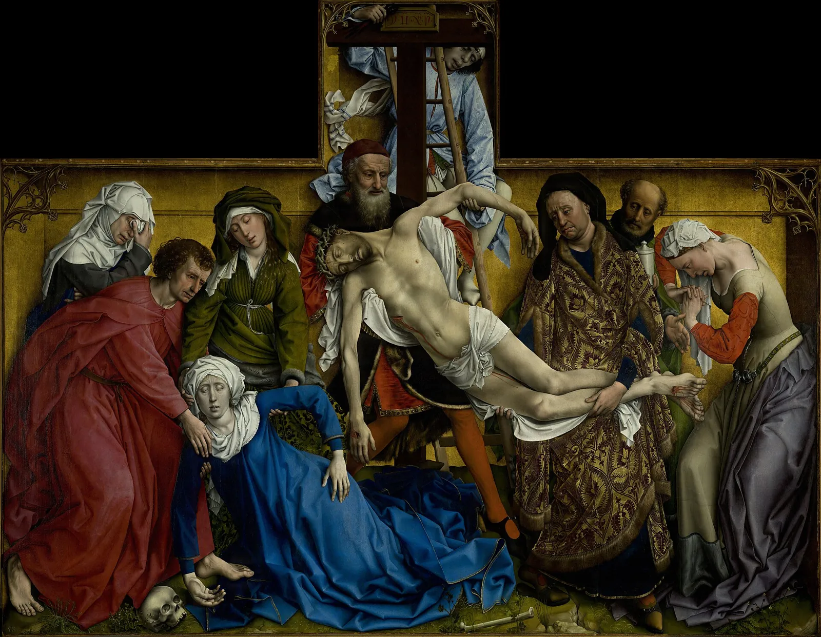 The Descent from the Cross by Rogier van der Weyden: Christ lowered from the cross, the fainting Virgin and the other figures against a plain gold background