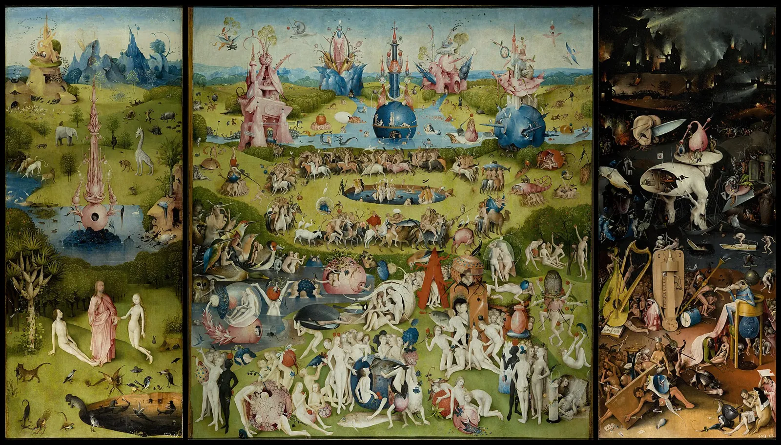Bosch's Garden of Earthly Delights triptych open: paradise on the left, the garden of naked figures in the centre and the dark hell on the right