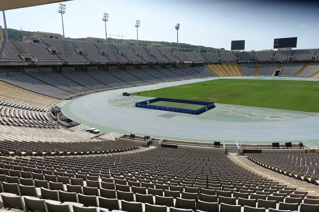 Empty stands and running track of the Estadi Olímpic Lluís Companys on Montjuïc