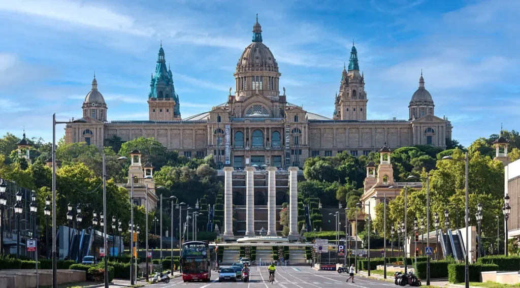 The Palau Nacional, home of the National Art Museum of Catalonia, seen from Avinguda de la Reina Maria Cristina with the 4 columns in front