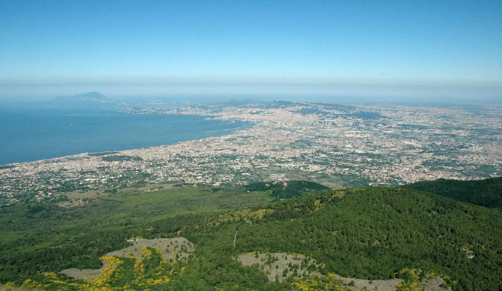 Naples and its bay seen from high on Vesuvius: wooded slopes with patches of yellow broom in the foreground, the city spread along the coast in the middle and islands on the hazy horizon