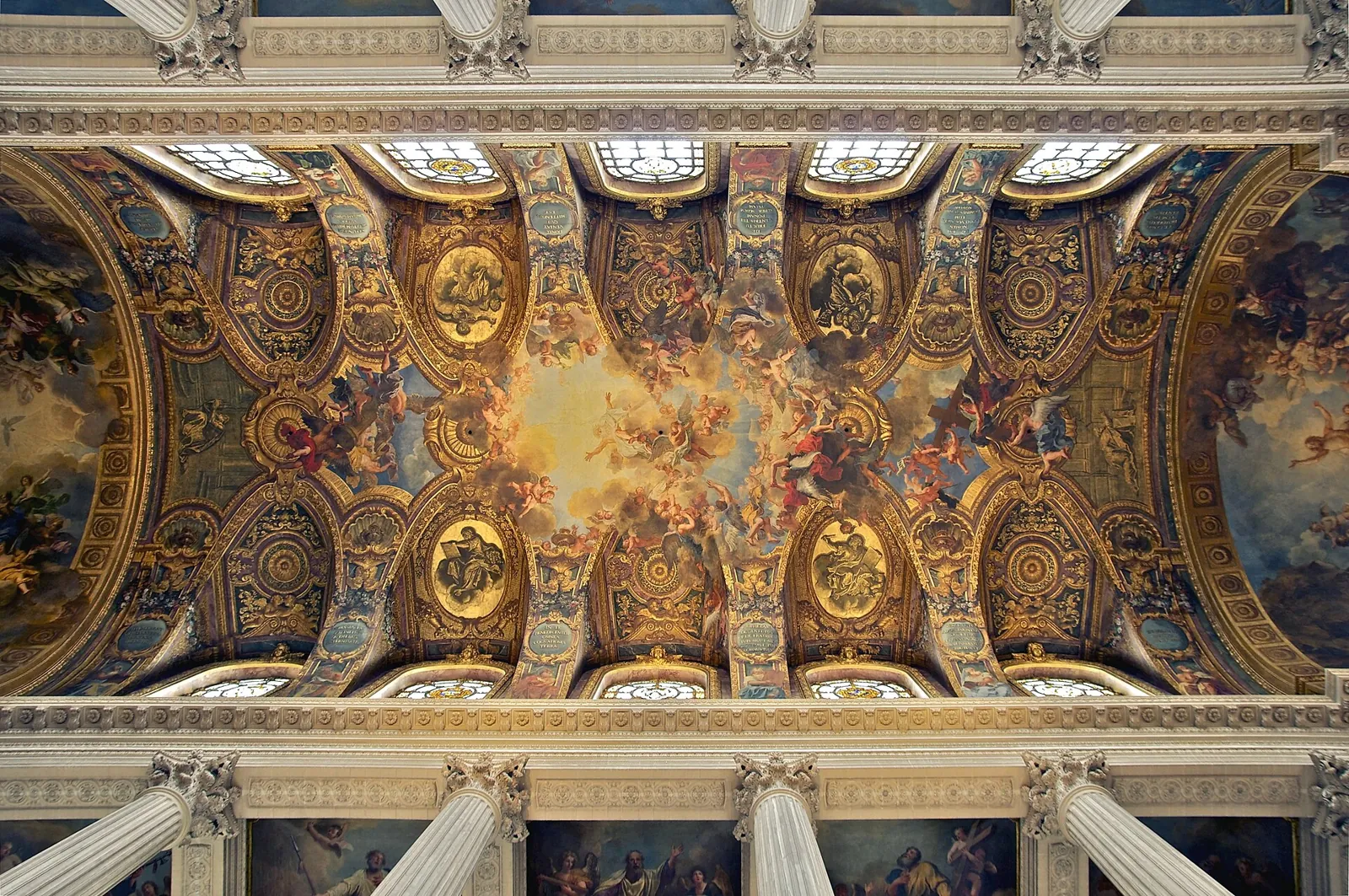 Painted vault of the Royal Chapel at Versailles, with frescoed scenes, gilded mouldings and white columns below