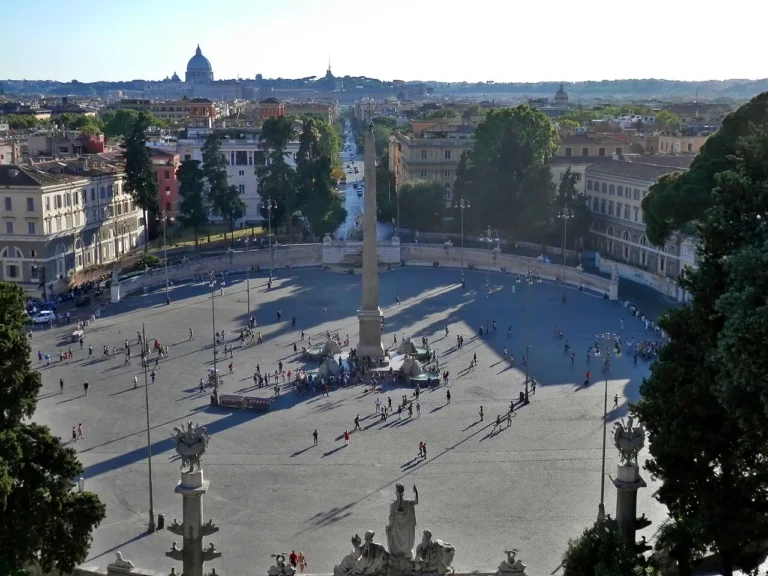Piazza del Popolo seen from the Pincio terrace, with the Flaminio obelisk in the middle and the dome of St Peter's on the skyline