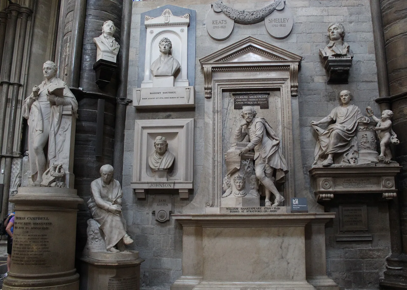 Marble busts, statues and memorial tablets in Poets' Corner, Westminster Abbey