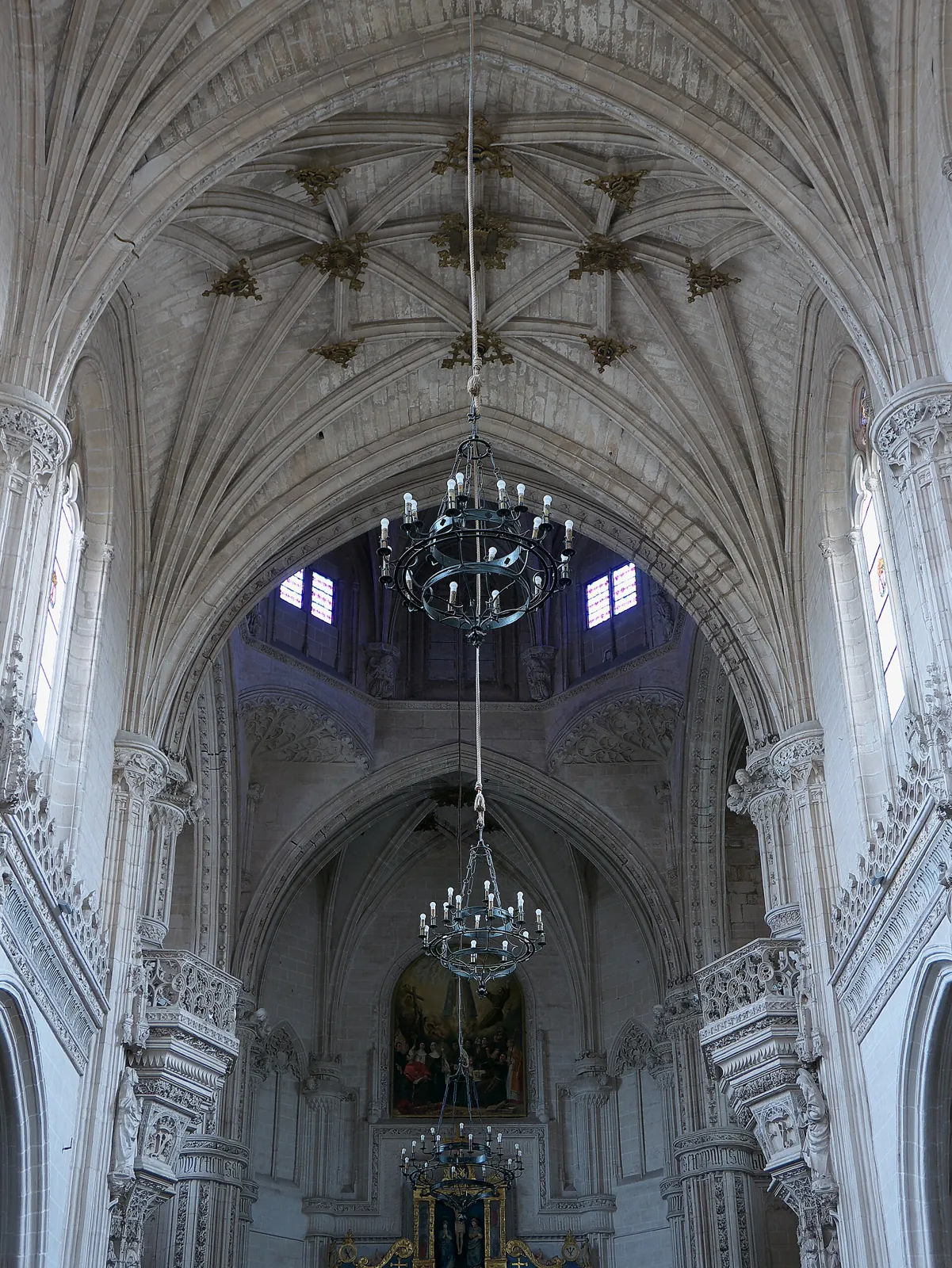 The nave of the church of San Juan de los Reyes looking towards the east end, with the rib vaults, the lantern tower and the royal galleries on either side