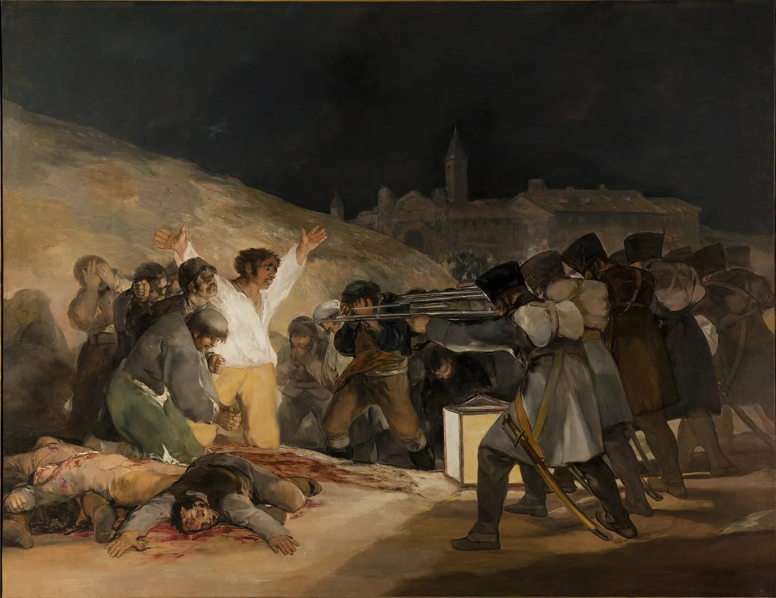Goya's Third of May 1808: the French firing squad aims at a man in a white shirt with outstretched arms, beside a lamp on the ground